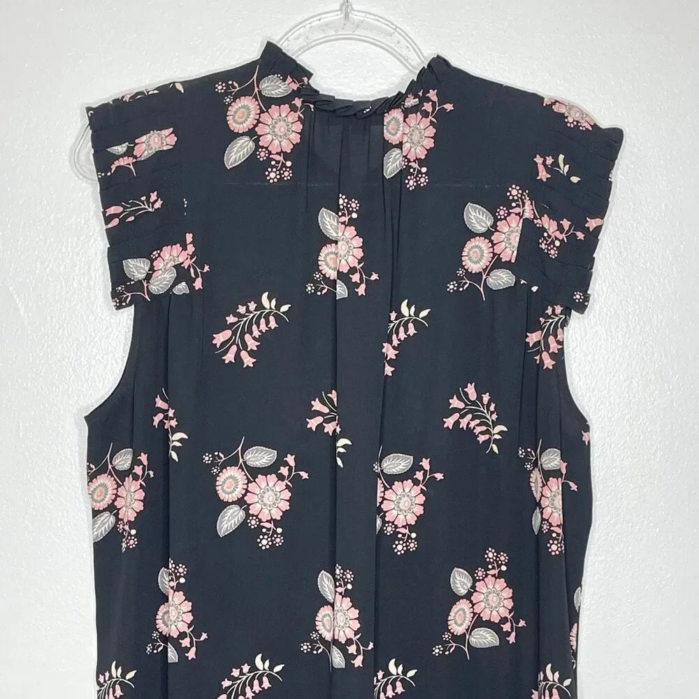 Loft LOFT Black Pink Floral Ruffle Edge Split Neck Sleeveless Blouse Women’s XL - Picture 5 of 9